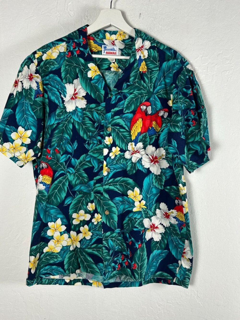 Hawaii Mens Parrot & Floral Print Button Up Hawaiian Shirt Large Cotton Blue